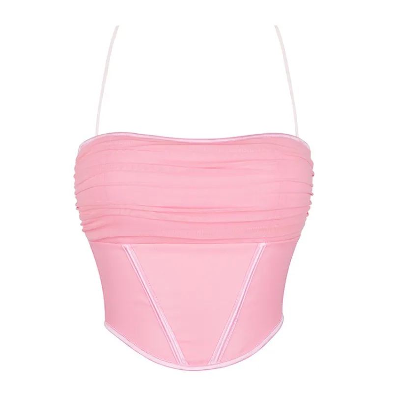 

Pink Mesh Corset Top Women Spaghetti Strap Ruched Bustier Crop Top Sexy Y2K Party Camisole Summer Streetwear
