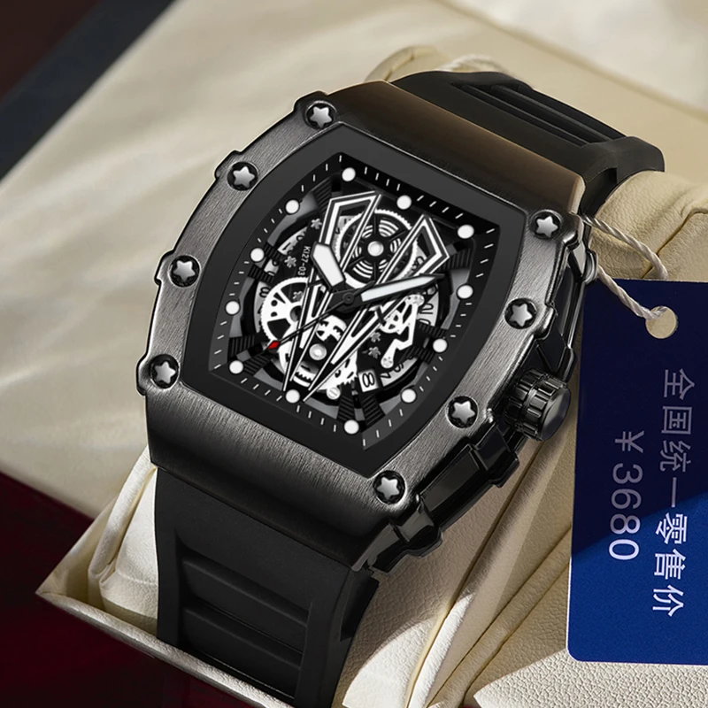 

Luxury Brand Mens Watch Fashion Tonneau Black Skeleton Dial Quartz Watches Sport Waterproof Auto Date Vintage Relogio Masculino
