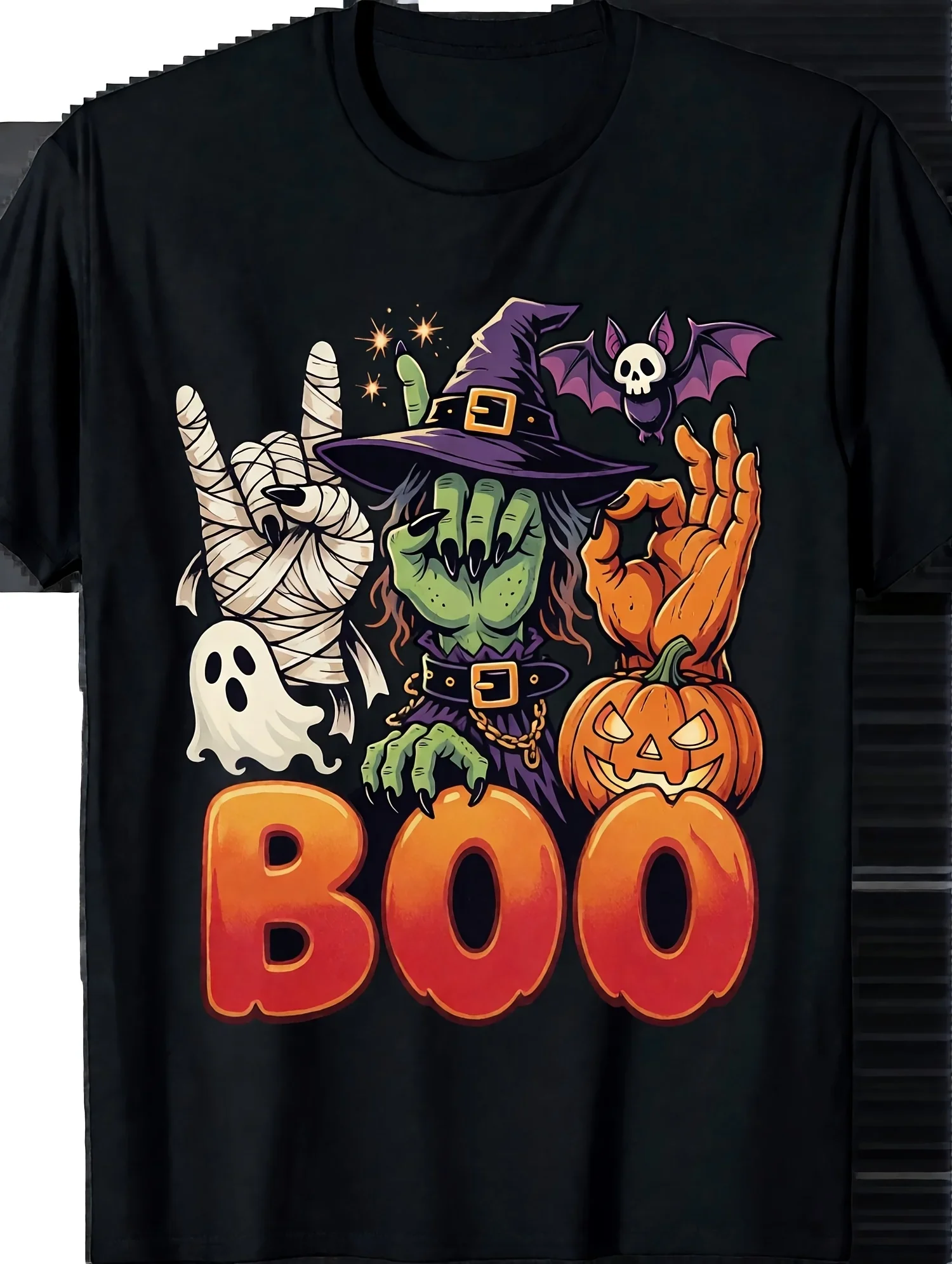 Halloween Bohemian Men'S Black T-Shirt with Halloween Pattern T-Shirt Featuring Mummy Witch Monster Hand Bat Pumpkin Print, Christmas Gift