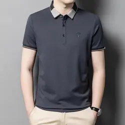 Summer Korean Fashion Simple Lapel Polo Shirt Men's Panelled Embroidery Button Breathable Casual Versatile Thin Short Sleeve Top