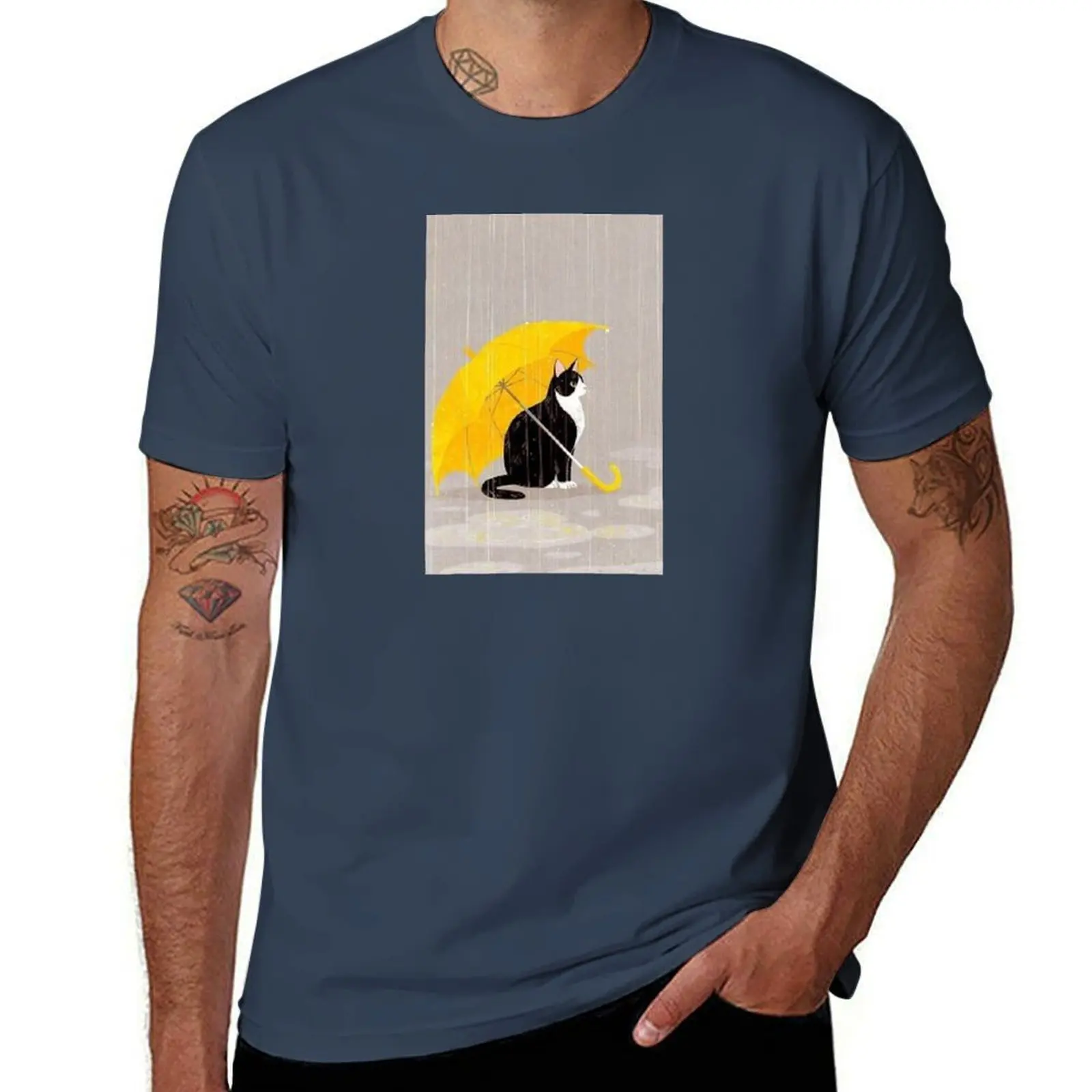 

Black and White cat in the rain with a yellow umbrella T-Shirt man tshirt anime t shirts oversize T-Shirt