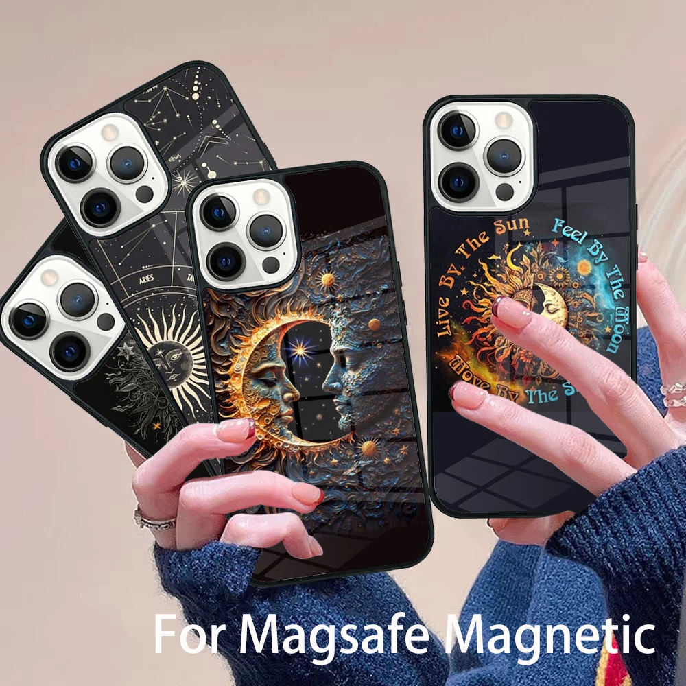 

Indian Hand Holding Sun Moon Face Couple Phone Case Magesafe Magnetic Wireless Cover For IPhone 16 11 12 13 14 15 Pro Max Plus