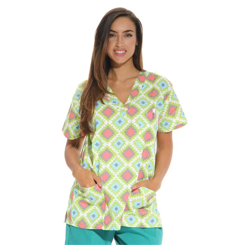 Floral Nursing Scrubs Tops Women Working Uniform Blouse Short Sleeve V-neck Uniform Blusas Nursing Clothes Nurses Tunic Uniform