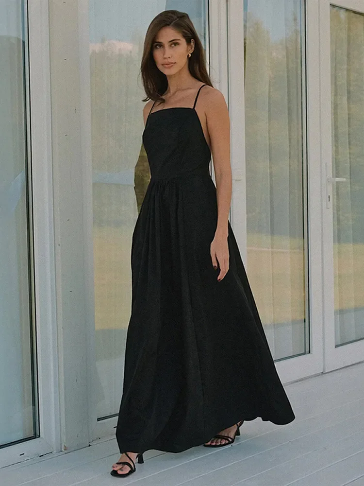 فستان نسائي أنيق بياقة مربعة وخصر متين بدون أكمام فستان طويل للسيدات موضة صيف 2025 رداء شاطئ جديد للسيدات #4