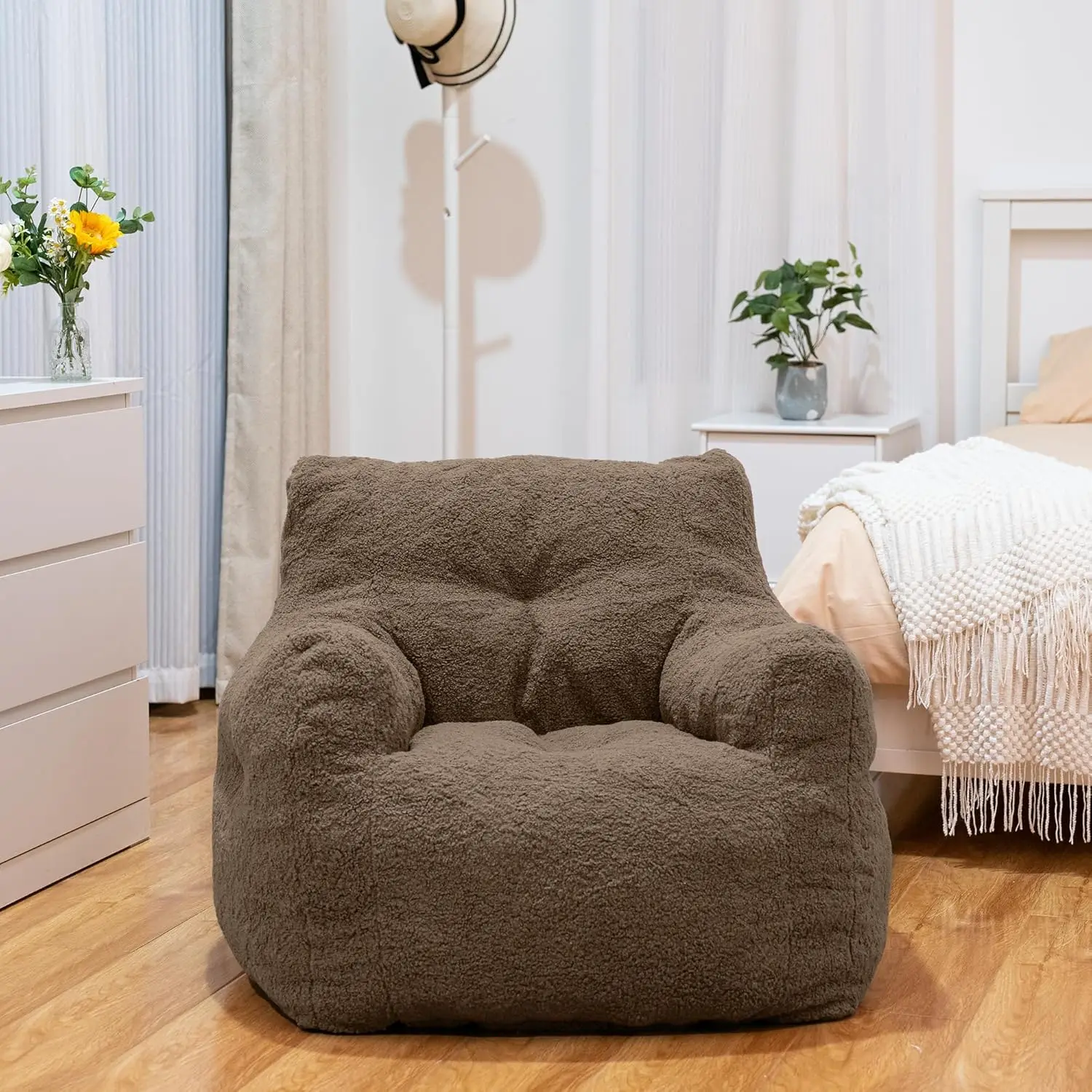 Bean Bag Chair, Bean Bag Chairs with Tufted Soft Stuffed with Filler, Fluffy Sherpa and Lazy Sofa, Comfy Cozy BeanBag Chair with