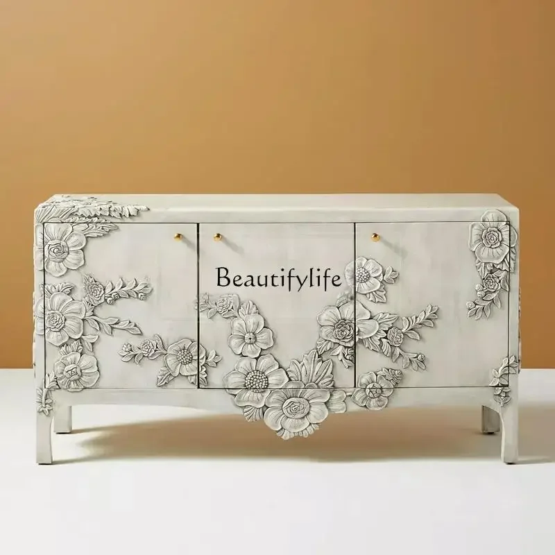 

3 French Style Solid Wood Entryway Cabinet American Retro Style Three-Door Sideboard Vintage Entryway Decorative Cabinet