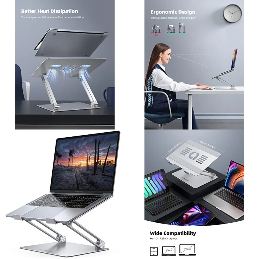 

Adjustable Laptop Stand, Portable Laptop Riser, Aluminum Laptop Stand for Desk Foldable, Ergonomic Computer Notebook Holder for MacBook Air Pro HP, Office Desk Accessories (10-17.3'')- Silver