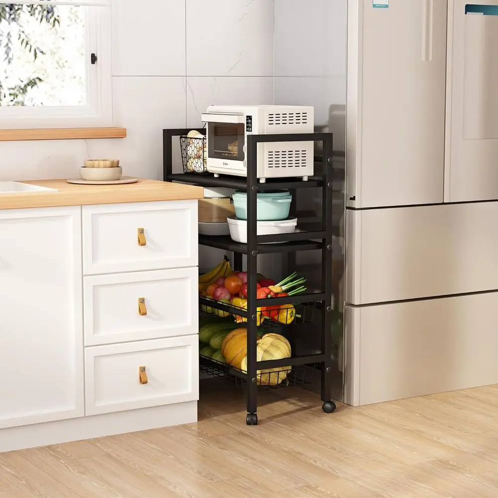 عربة تخزين معدنية كبيرة مكونة من 4 طبقات مع سلة قابلة للفصل وعجلات قفل، منظم أسود متعدد الاستخدامات #5