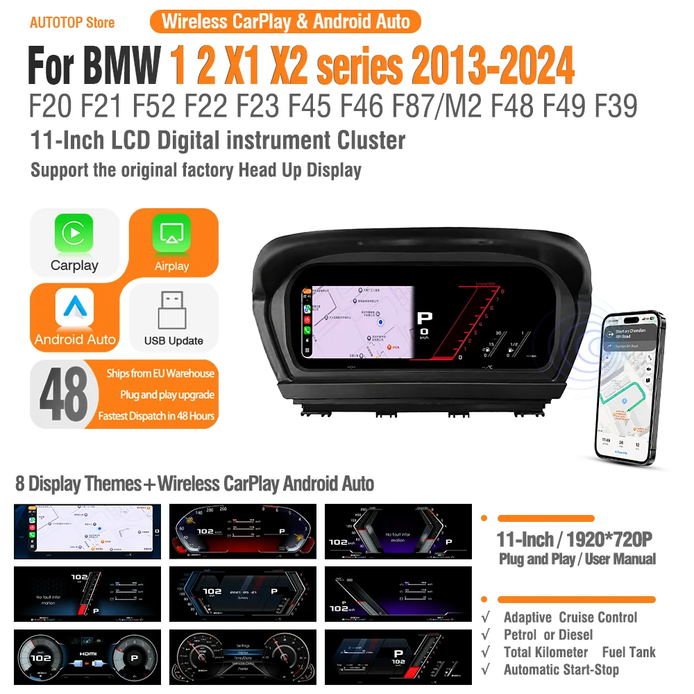 AUTOTOP Cruscotto digitale con display virtuale da 11" per BMW Serie 1 2 X1 X2 F20 F21 F52 F22 F23 F45 F46 F48 F49 F39 2013-2024, pannello strumenti LCD, Plug and Play con HUD di fabbrica mantenuto,