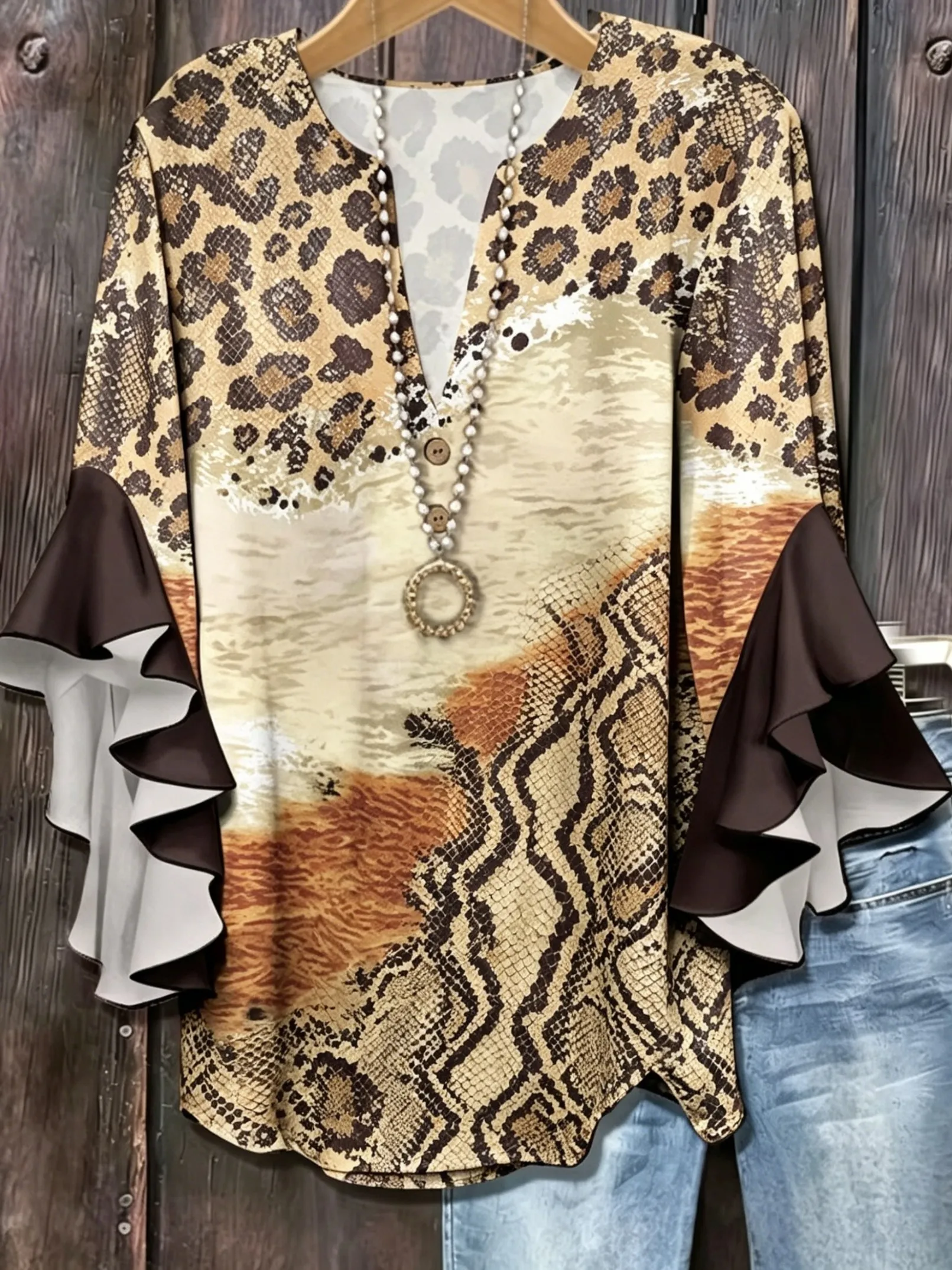 Women's Spring Summer Leopard Snake Print V Neck Blouse, Casual Flounce Ruffle Sleeve Boho Top