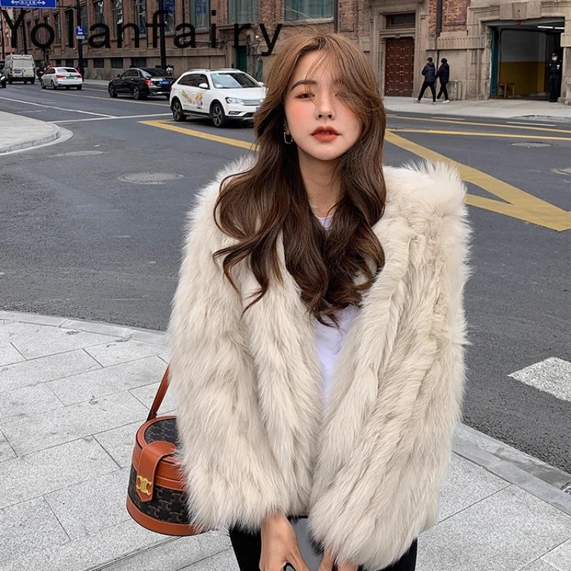 YOLANFAIRY natural whole fox jacket woman‘s winter warmth hooded commuting fashion youthful real fox fur coats woman luxury 2025