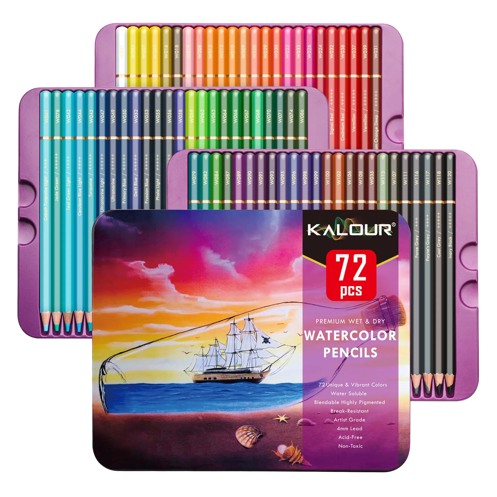 Kalour-Lápis de aquarela profissional, 72 lápis coloridos, desenho para adultos, livros de colorir para iniciantes e crianças