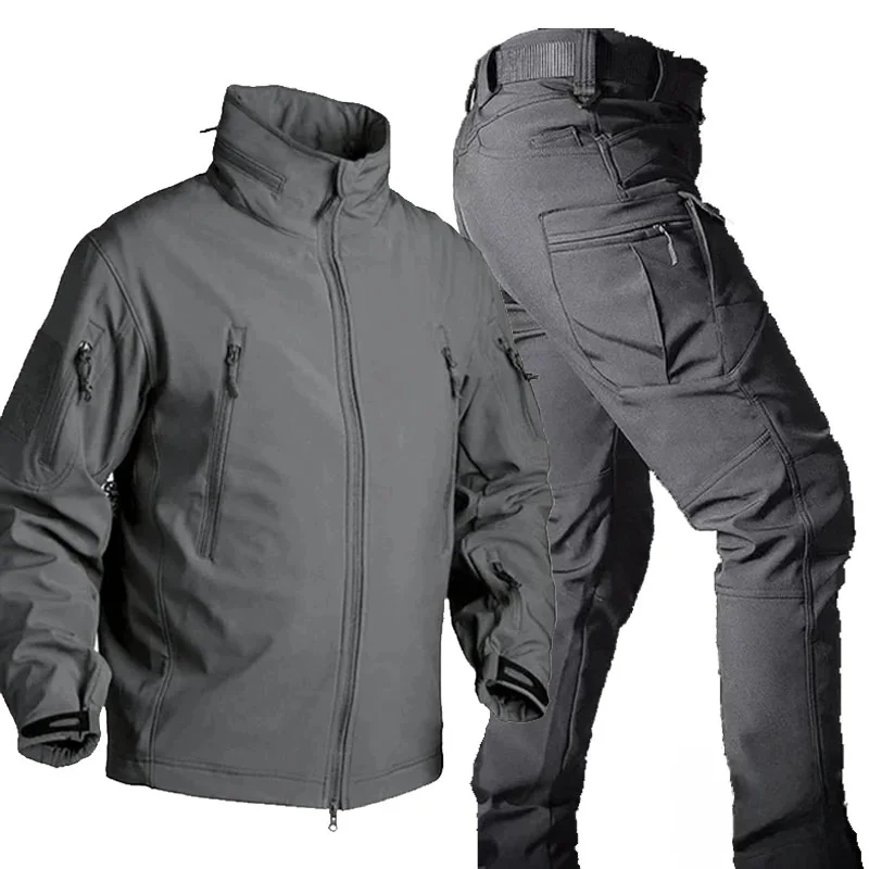 Winter Fleece Tactical Soft Shell Sets Mens Outdoor Waterproof Multi-Pockets Shark Skin Jackets Cargo Pants Hunting Suits Male