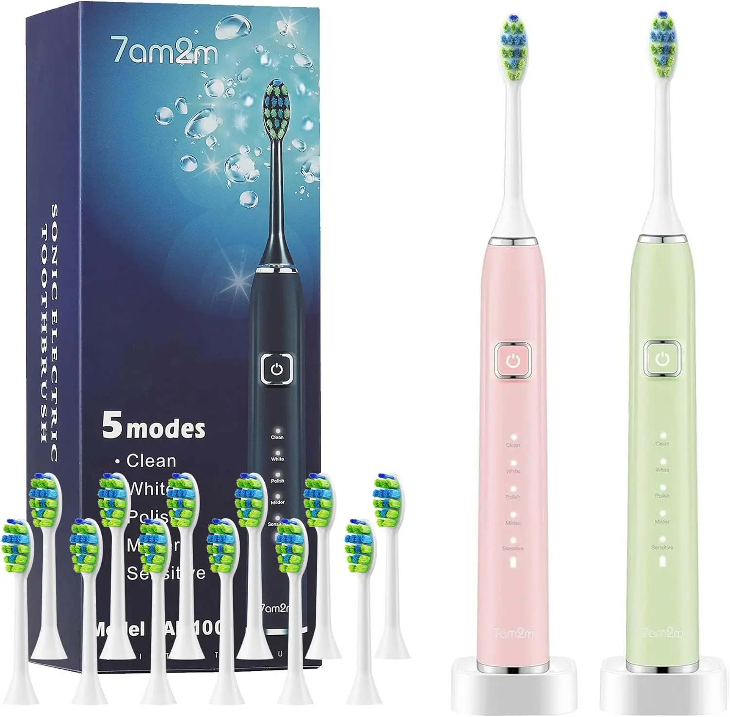 

Electric Toothbrush 2 Pack for Kids & Adults, 12 Brush Heads, 5 Modes, Smart Timer, Fast Charge, IPX7 Waterproof (Green+Pink)