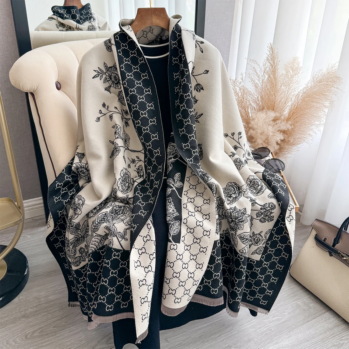 New Double Sided Letter Tassel Scarf Mature Imitation Cashmere Warm Shawl Autumn Winter Office Coldproof Windproof Wrapped Scarf