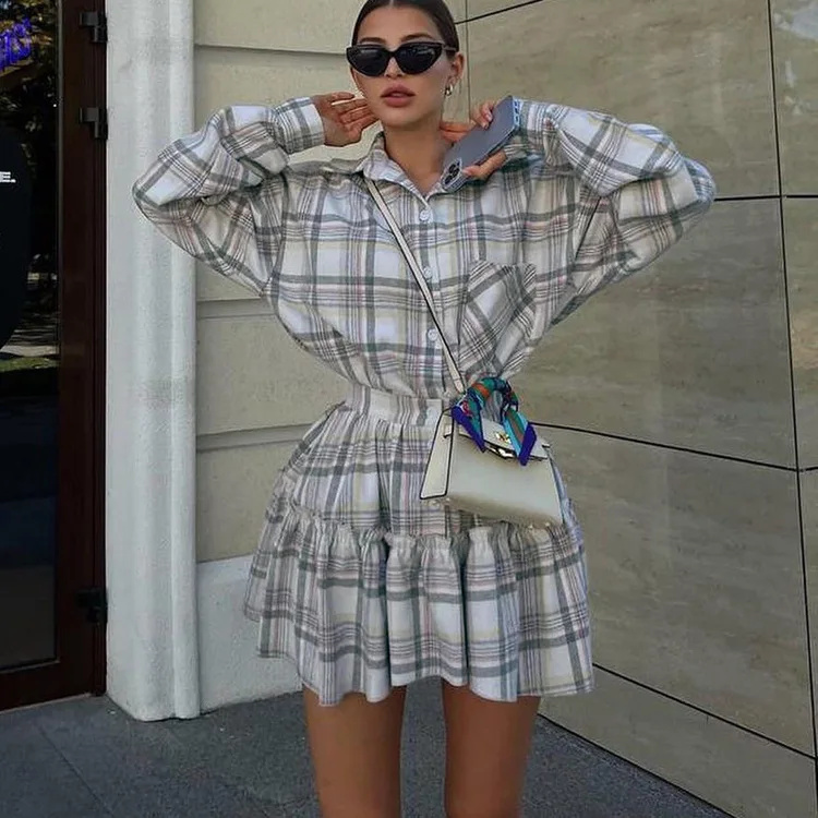 2025 Fashion Loose Retro Plaid 2 Piece Sets Women Outfit Elegant Long Sleeve Shirts High Waist Mini Skirt Set Female Outfits