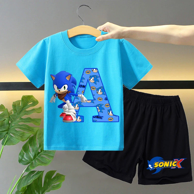 Anime Sonics 2pcs T-shirt Shorts Suit for Boys Girls Cartoon Letter Printed Short-sleeved Top Pants Set Children Summer Clothes