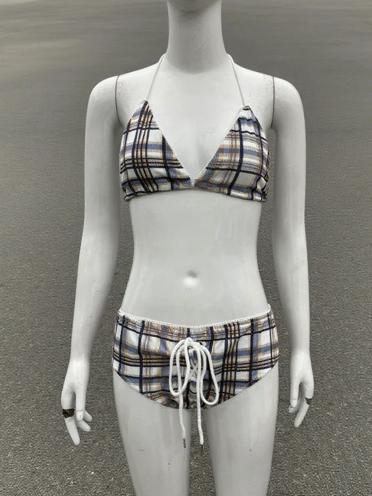 مجموعة بيكيني مربعات عالية الخصر مجموعة جمالية كلاسيكية قابلة للتعديل برباط للشاطئ وحمام السباحة