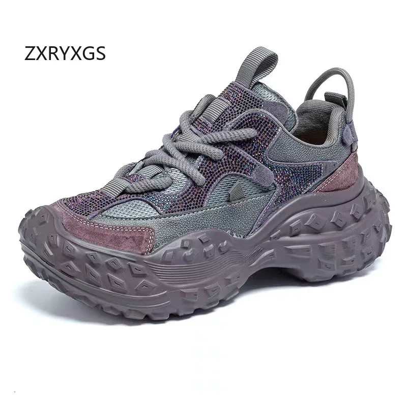 ZXRYXGS 2025 New Premium Cowhide Spell Color Splicing Rhinestone Shoes Fashion Casual Sneakers Thick Mid Heel Women Trendy Shoes