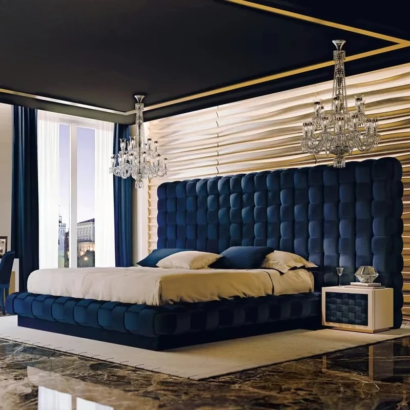 Luxury Velvet Bed Frame with Storage Italian Design King Size Hand Interwoven Large Headboard for Bedroom