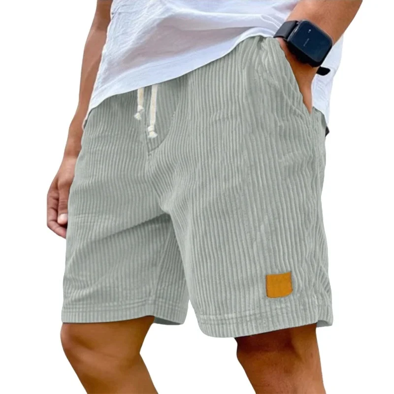 Mens Vintage Corduroy Striped Shorts Drawstring Waist Soft Loose Knee Summer Casual Beach Breathable Short Pants Male Daily Wear