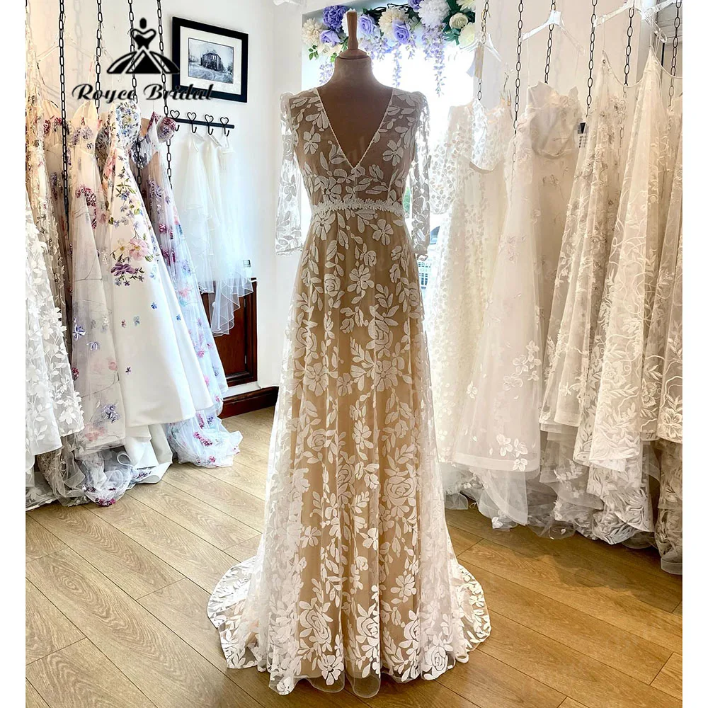 Robe Mariee manica A tre quarti pizzo pieno una linea Boho abito da sposa donna con scollo A V 2023 abito da sposa abito da sposa estate