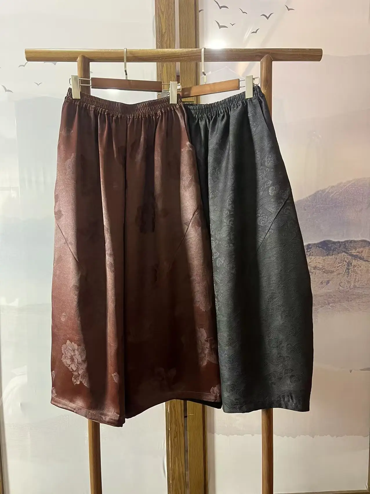 

New Spring Summer Banana Pants Full Elastic Waist Heavy Satin Xiangyun Silk Women's Traditional Chinese Clothing Trousers