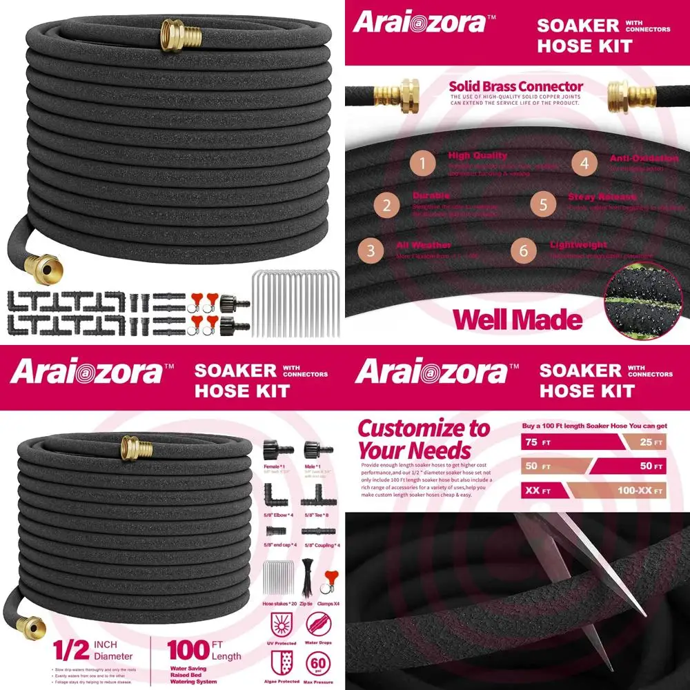 

Heavy-Duty 100FT Soaker Hose for Garden Beds, Solid Brass Connector, 1/2 Rubber Drip Irrigation System with Hose Stakes and Conn
