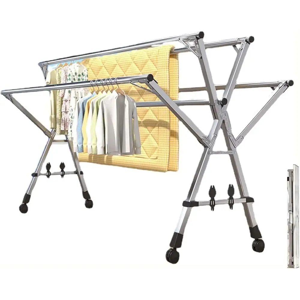 

Adjustable Stainless Steel Drying Rack with 5 Rods, Indoor/Outdoor Use, Space-Saving, Wheeled, Extends to 160cm