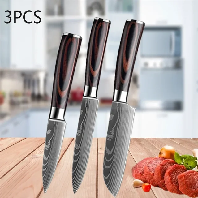 3 SZTUK Zestaw noży kuchennych Laser Damascus Santoku Nóż introligatorski Profesjonalny nóż szefa kuchni Tasak do mięsa Akcesoria kuchenne