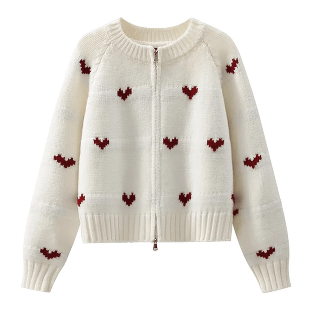 Luxury Brand Women’s Cardigan Sweater with Red Heart Pattern and Zipper for an Ins Style Aesthetic Designer Brand Sweater Coat