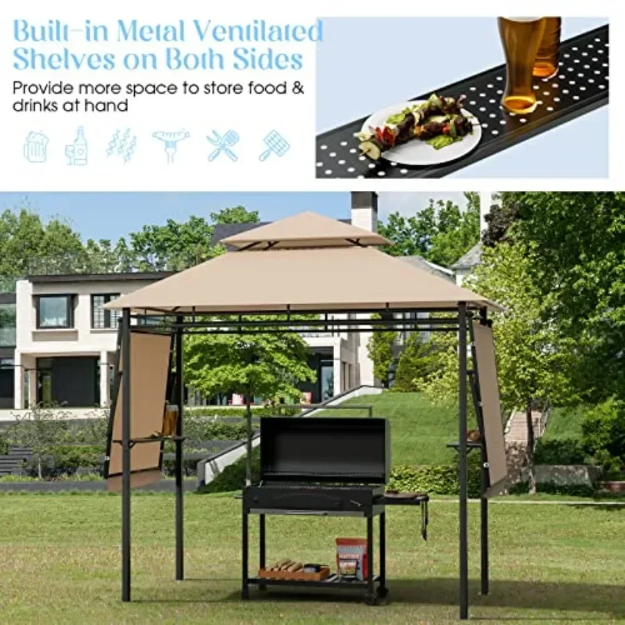 13.5x4 Feet Grill Gazebo with Dual Side Awnings Double Tiered BBQ Gazebo with 2 Side Shelves Heavy-Duty Steel Fe CPAI-84 Barbec
