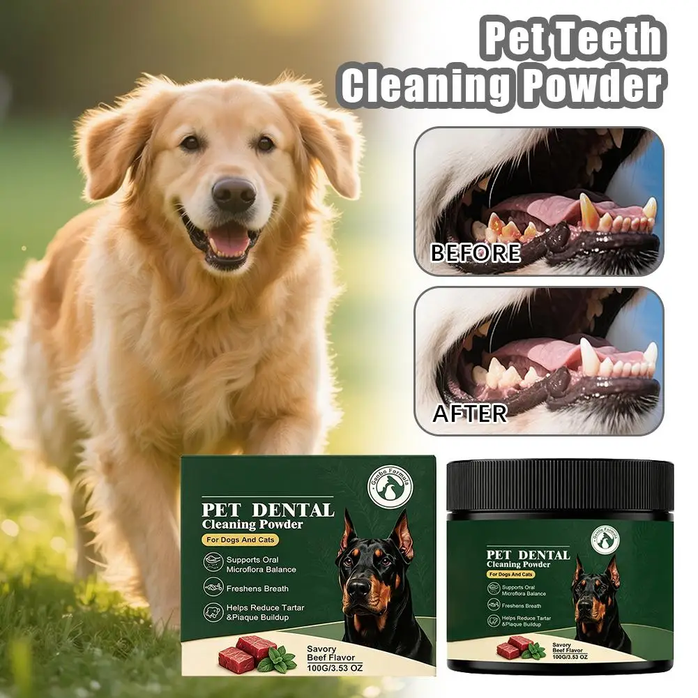 100g Pet Dental Cleaning Powder for Dogs&Cats,No Brushing Required Beef Flavor Tartar &Plaque Reducer,Breath Freshener Oral Care