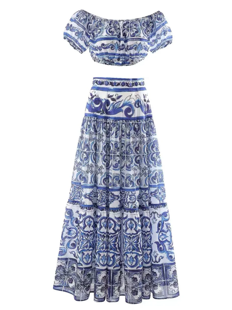 Summer Runway Holiday Blue and White Porcelain Print Two Piece Set Women Short Puff Sleeve Strap Elastic Top＋Maxi Skirts Suit