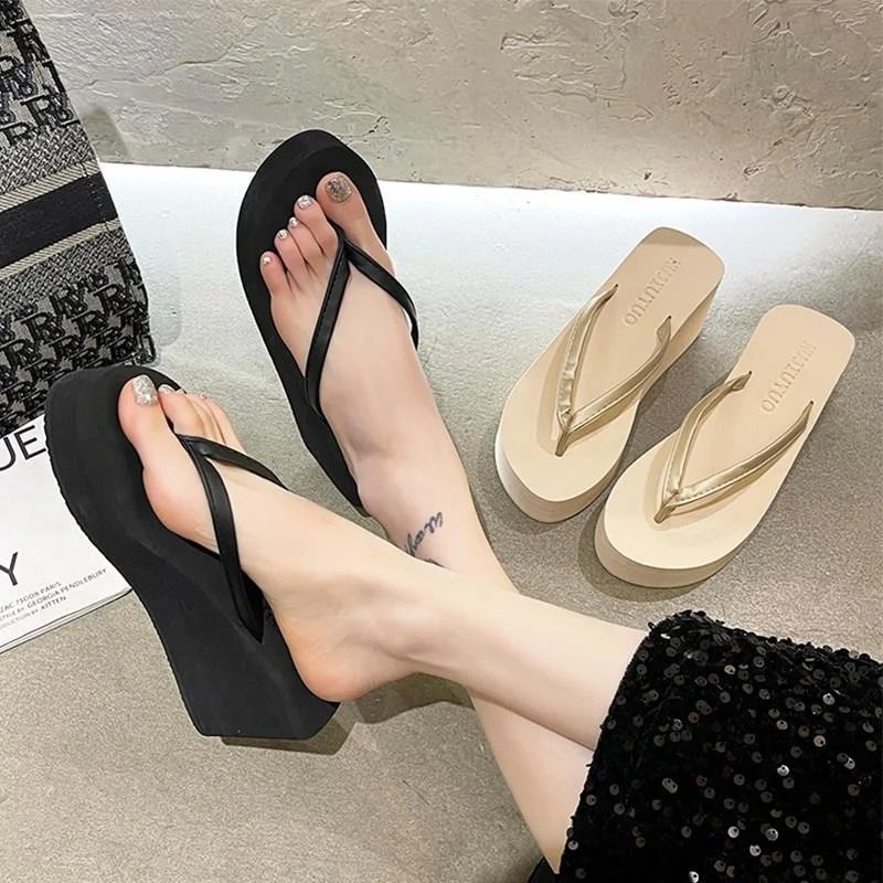 

Summer Beach Vacation Thick Heel Sandals Women's Outdoor Wear Flip Flops Leg Lengthening Slip-On Casual High Top EVA Shoes