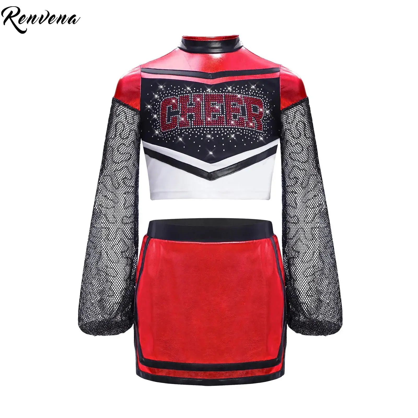 

Танцевальная форма черлидинга, костюм лидера поддержки, детский укороченный топ с длинными рукавами и блестящими стразами для девочек и юбкой