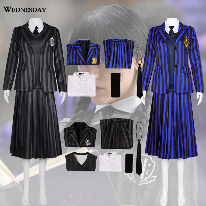 

Wednesday Inspired Cosplay Costume Black Schoolgirl Uniform Nevermore College Outfit with Wig for Halloween Party Role Play