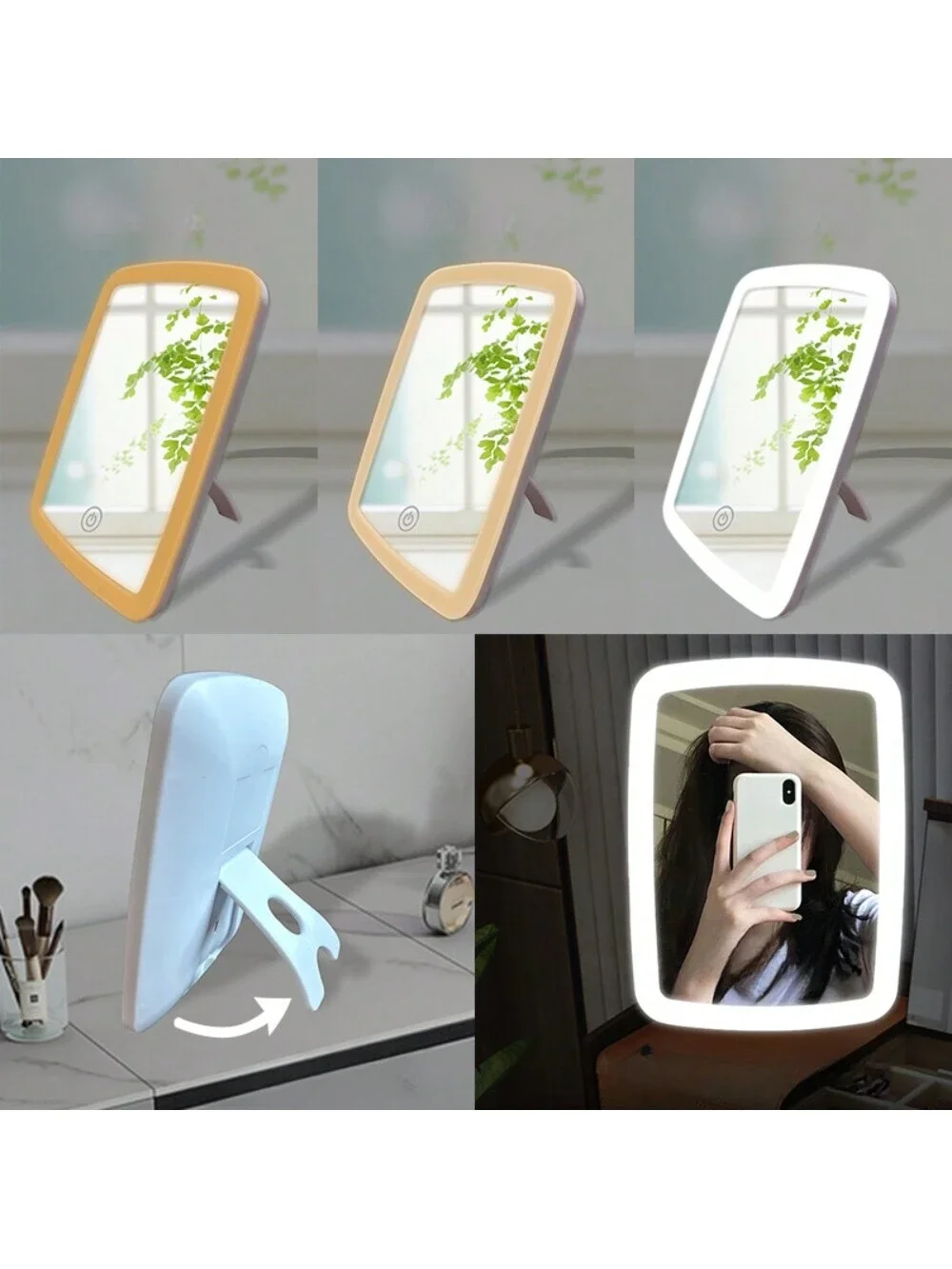 Specchio per trucco a LED con supporto Specchio cosmetico da viaggio quadrato bianco compatto pieghevole da tavolo con luce