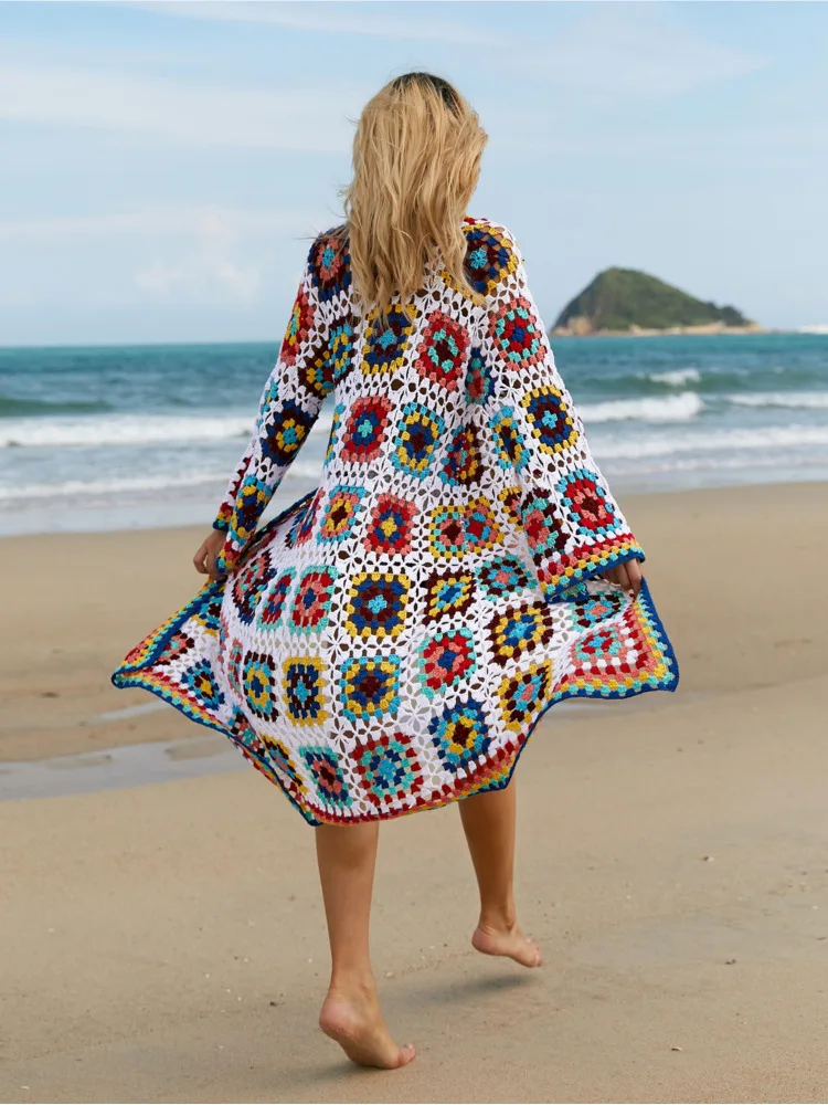 New Women Crochet Colorful Hollow Out Long Cardigan Female Handmade Knit Cover Up Kimono Sweater Coat Beachwear Swimsuit