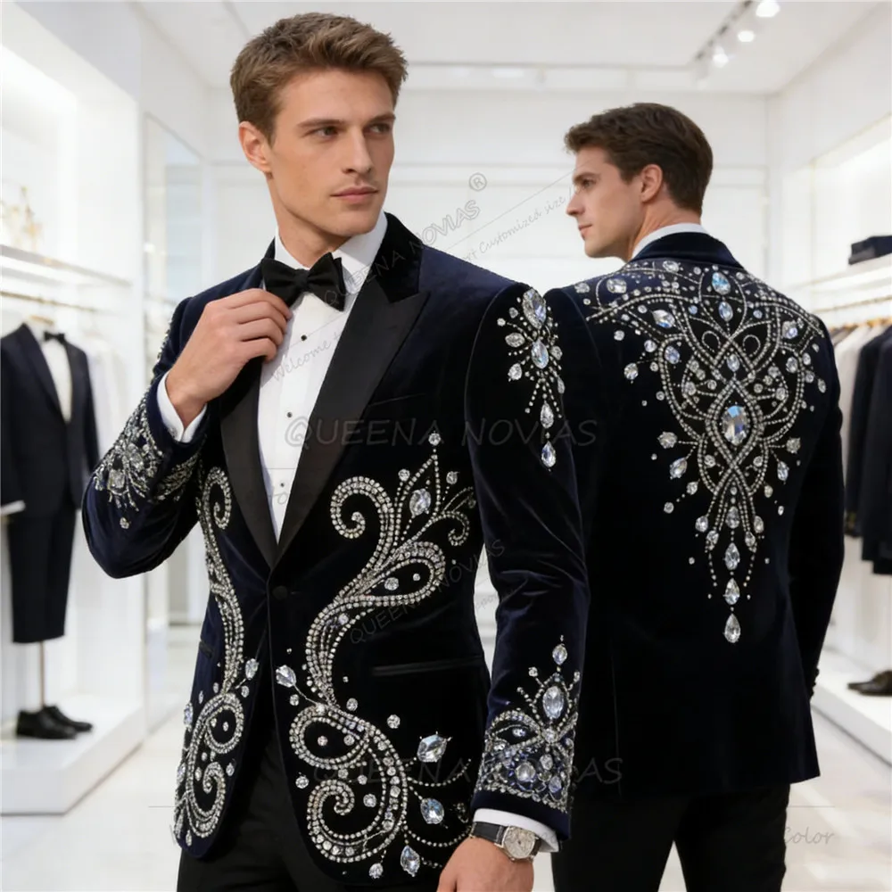 Exclusive Jewelry Stones Groom Wedding Suits Slim Fit Beaded Velvet Prom Blazers Customized Man Party Attire 2 Piece Set Outfits