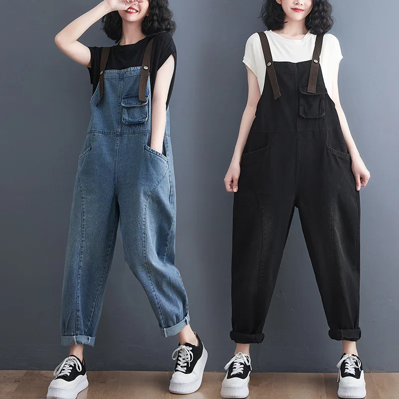 Women Sleeveless Denim Rompers Spring Autumn Vintage Jumpsuits Loose Wide Leg Pants Female Casual Pocket Overalls Playsuits