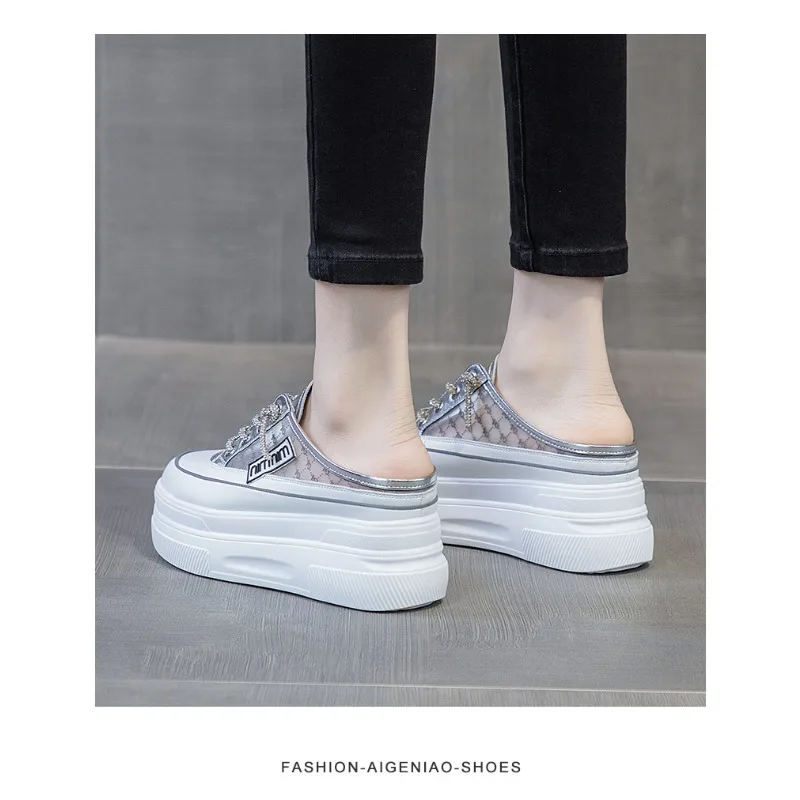 Baotou Half Slippers for Women 2024 Summer A New Style of Slip-on Mesh Breathable No Heel Thick Sole Small White Shoes