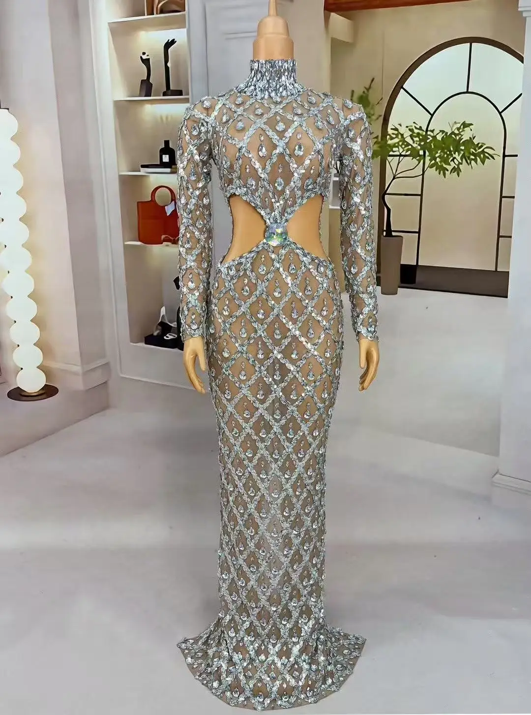 Sparkly Pailletten Steentjes Taille-blootgestelde Jurk Vrouwen Avond Prom Verjaardag Jurk Sexy Transparante Prestaties Stadium Slijtage
