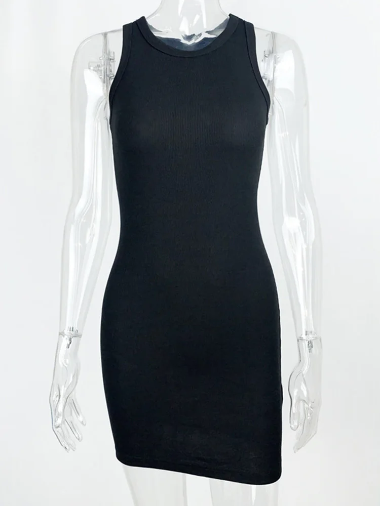 Women's Black Ribbed Bodycon Mini Dress - Sleeveless, Solid Color, Tight-Fitting, Perfect for Club Parties