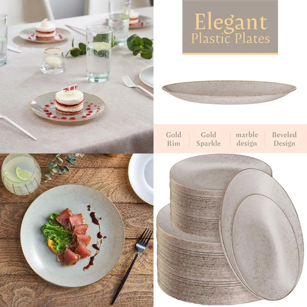 

128-Piece Premium Disposable Plastic Plate Set: 64 Dinner + 64 Salad Plates with Gold Rim in Grey Granite Style