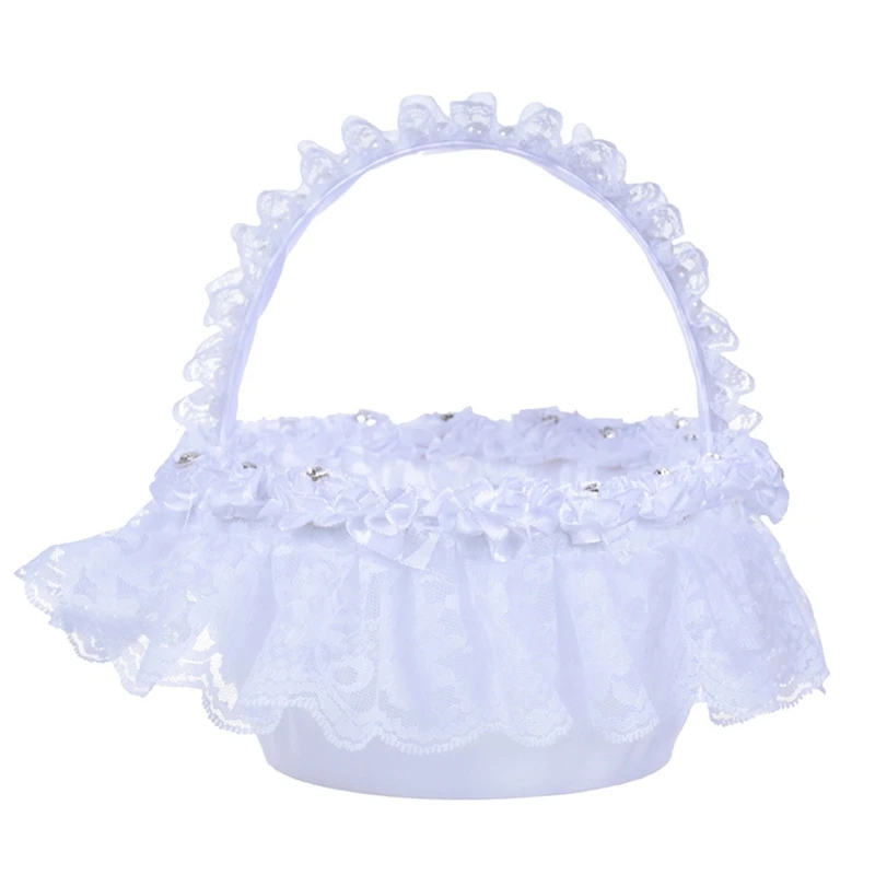 

Wedding Flower Girl Baskets with Lace Handle Elegant White Small Piece Flower Basket with Faux Flowers Decor Dropshipping