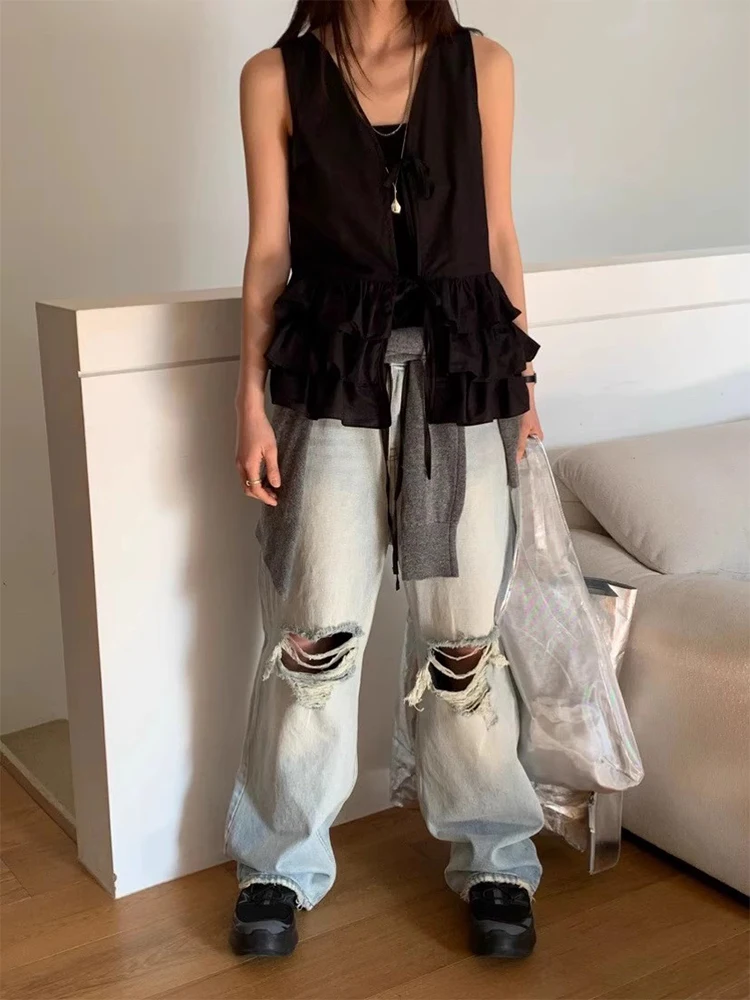 

Women's Summer New Design Sensation Two-Way Wear Pleated Vest irt Svel Outerwear Poly Fiber round Ne Loose Fit