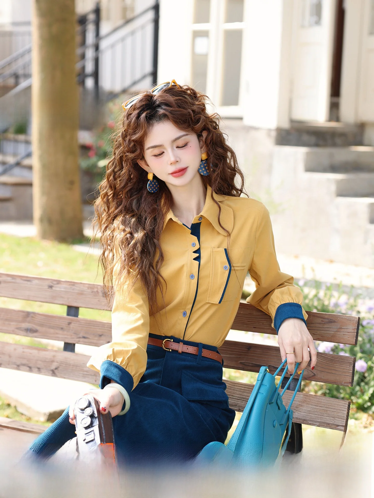 

Chen Jiajie Honey Wax Letter Spring Women's irt Thiened Long Sve Patchwork Versatile Top Vintage Sle Loose Fit Polye...