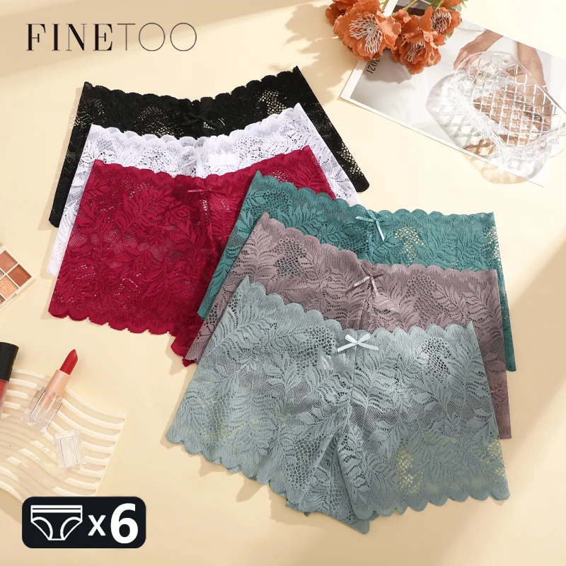 FINETOO 6pcs Women Floral Lace Boyshorts Sexy Perspective Underwear Low-Waist Panties Female Breatha