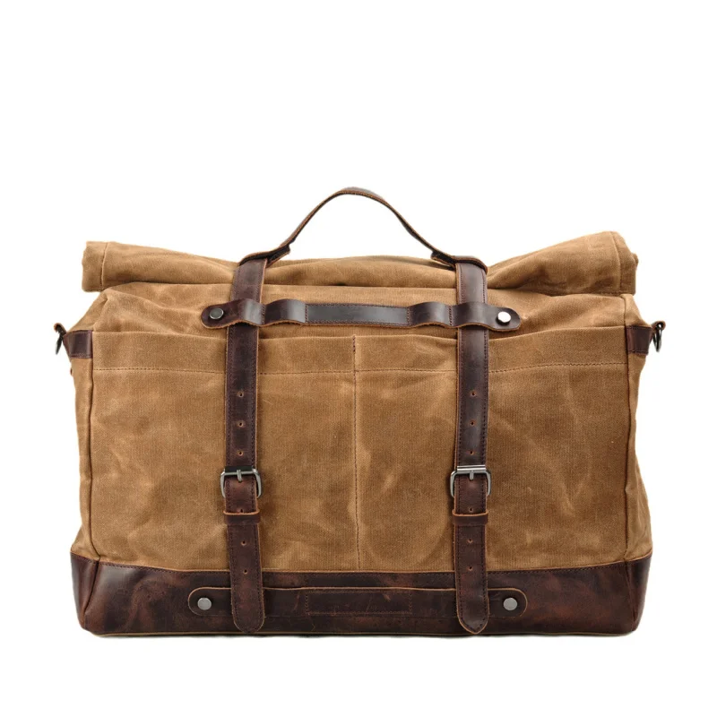 capacity portable travel bag - European-style retro waterproof waxed canvas luggage bag with wild horse leather men's bag